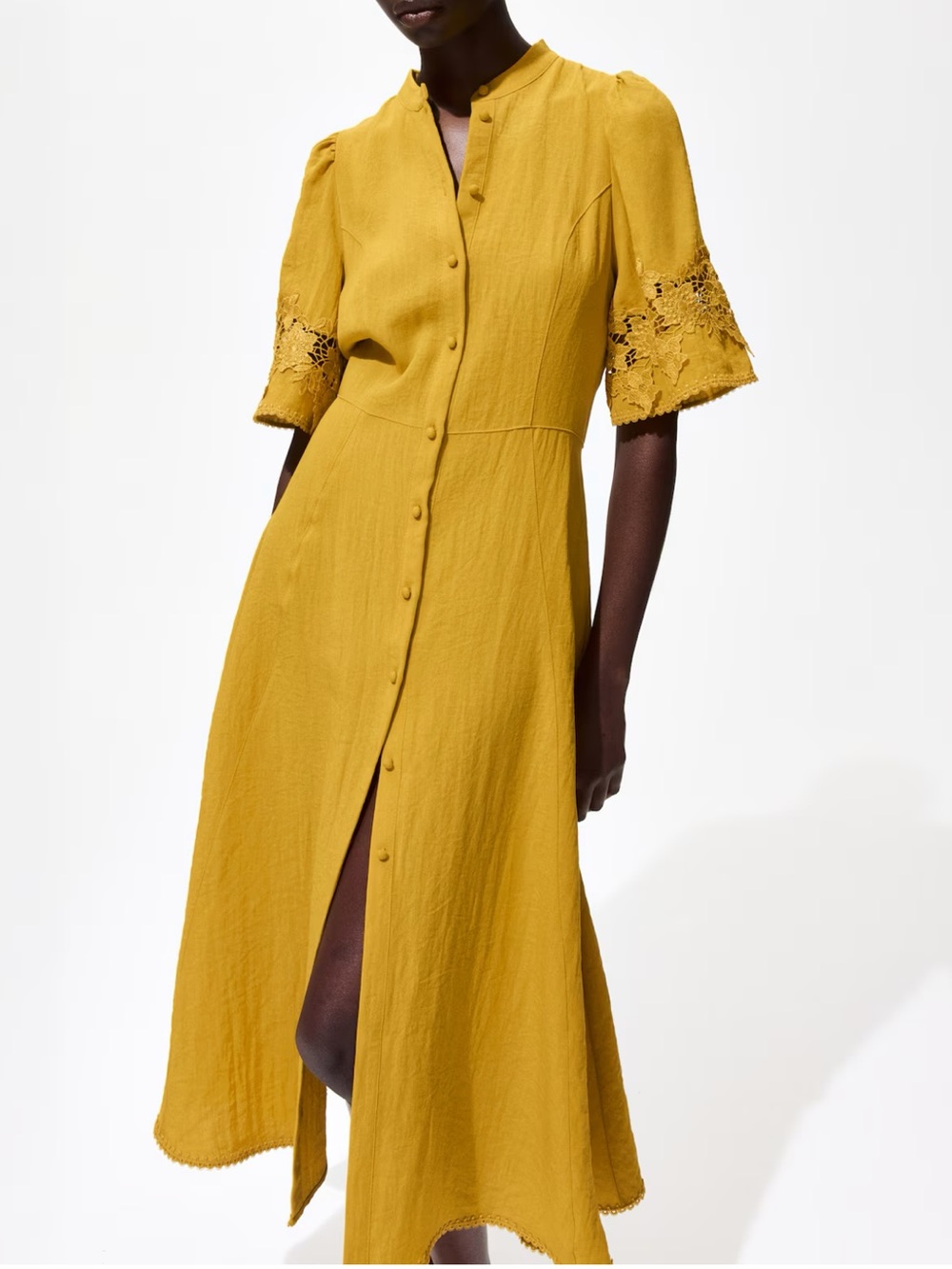 H&M Crinkled Midi Dress with Eyelet Embroidery Golden Yellow NWT - Picture 3 of 6